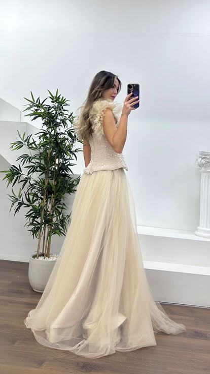 Nude İnci Kaplı Korse Detaylı, Tül Abiye Elbise