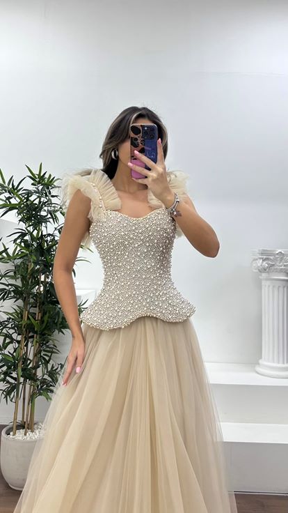 Nude İnci Kaplı Korse Detaylı, Tül Abiye Elbise