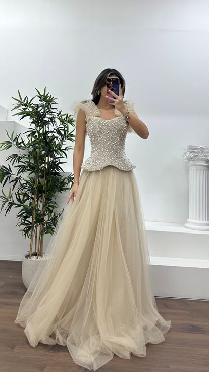 Nude İnci Kaplı Korse Detaylı, Tül Abiye Elbise