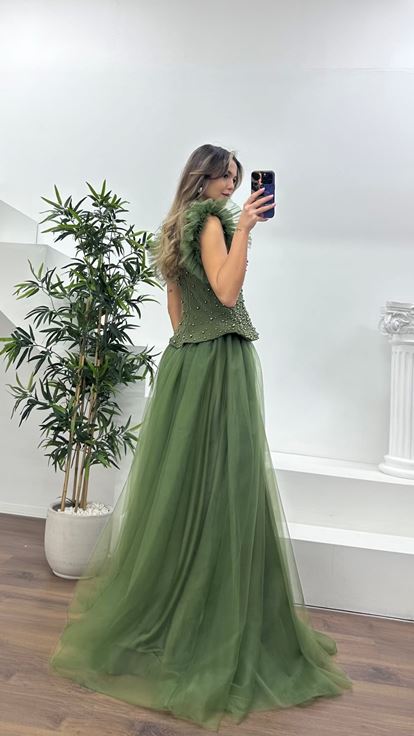 Nefti İnci Kaplı Korse Detaylı, Tül Abiye Elbise