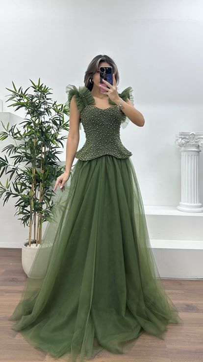 Nefti İnci Kaplı Korse Detaylı, Tül Abiye Elbise