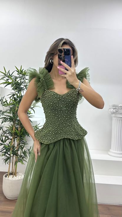 Nefti İnci Kaplı Korse Detaylı, Tül Abiye Elbise