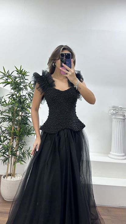 Siyah İnci Kaplı Korse Detaylı, Tül Abiye Elbise