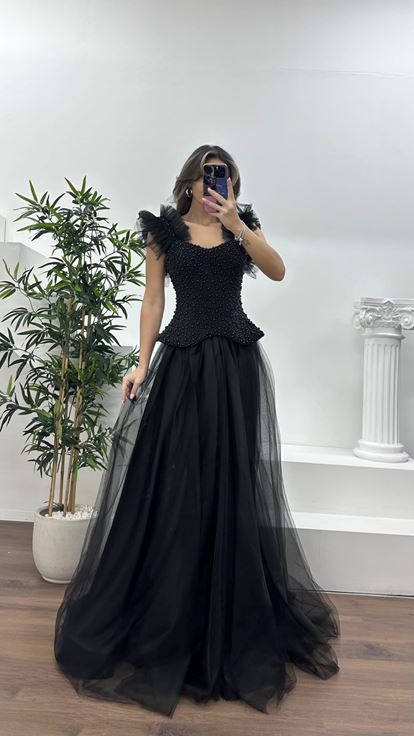Siyah İnci Kaplı Korse Detaylı, Tül Abiye Elbise