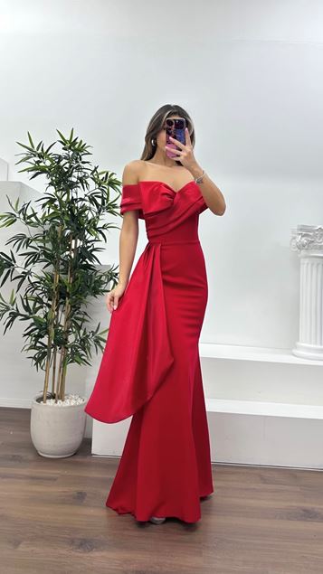 Kırmızı Şifon Detaylı Önü Kurdele Görünümlü Abiye Elbise