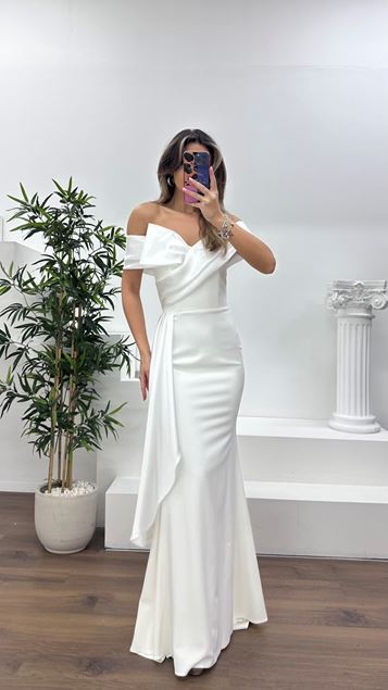 Kemik Şifon Detaylı Önü Kurdele Görünümlü Abiye Elbise