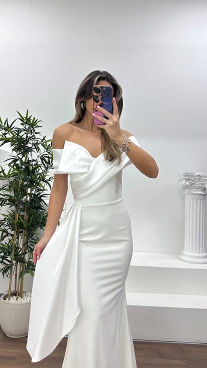 Kemik Şifon Detaylı Önü Kurdele Görünümlü Abiye Elbise