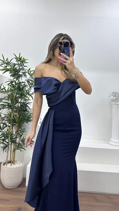 Lacivert Şifon Detaylı Önü Kurdele Görünümlü Abiye Elbise