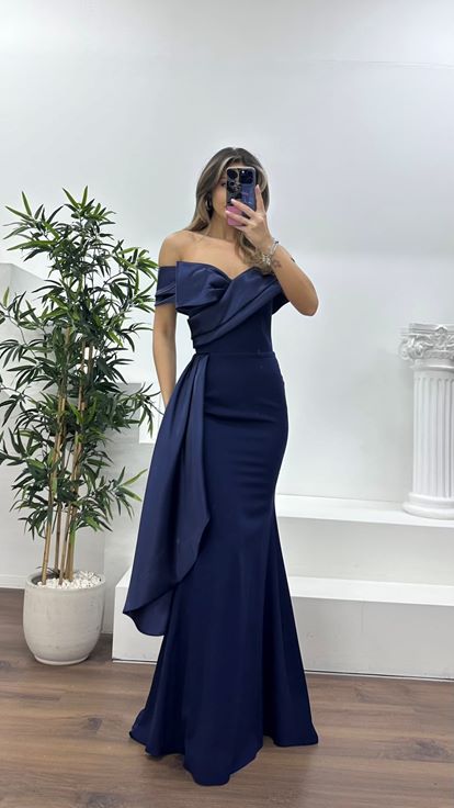 Lacivert Şifon Detaylı Önü Kurdele Görünümlü Abiye Elbise