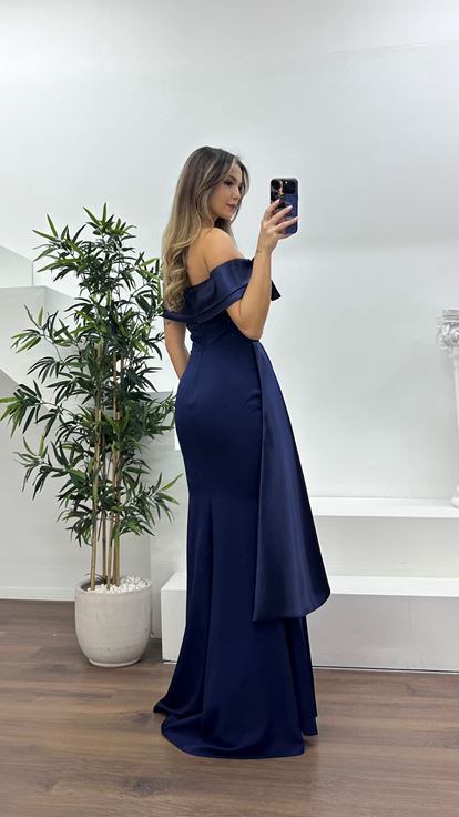 Lacivert Şifon Detaylı Önü Kurdele Görünümlü Abiye Elbise