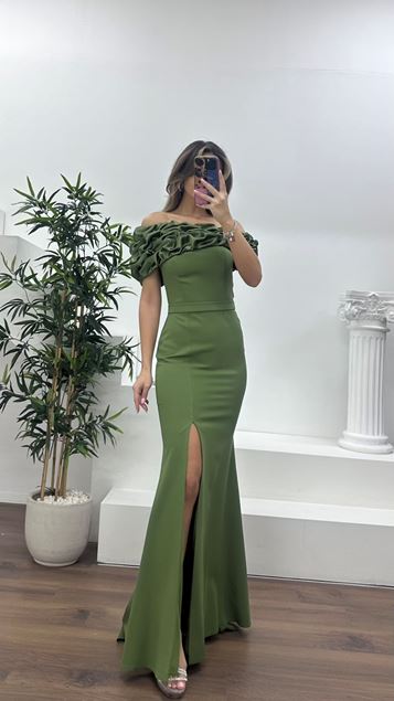 Haki Kayık Yaka Fırfırlı Abiye Elbise