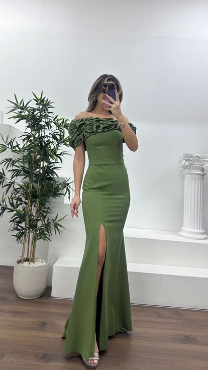 Haki Kayık Yaka Fırfırlı Abiye Elbise