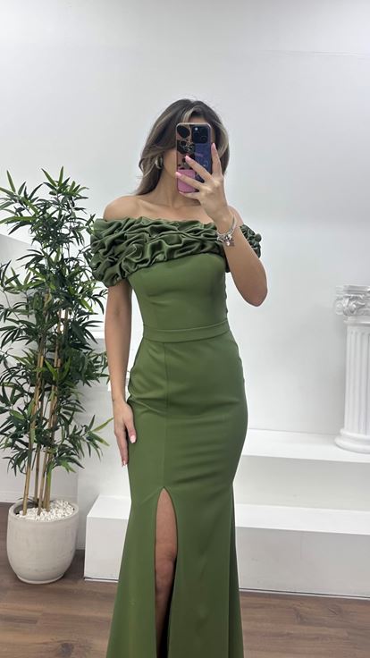 Haki Kayık Yaka Fırfırlı Abiye Elbise