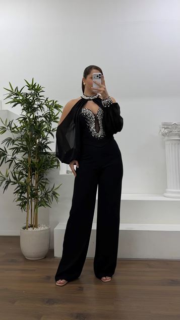 Siyah Balon Kol İşlemeli Büyük Beden Abiye Elbise