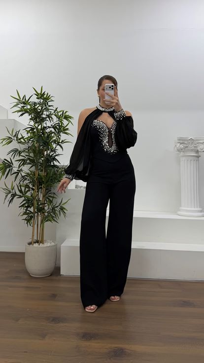 Siyah Balon Kol İşlemeli Büyük Beden Abiye Elbise