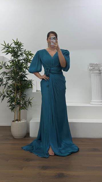 Petrol V Yaka Şifon Büyük Beden Abiye Elbise