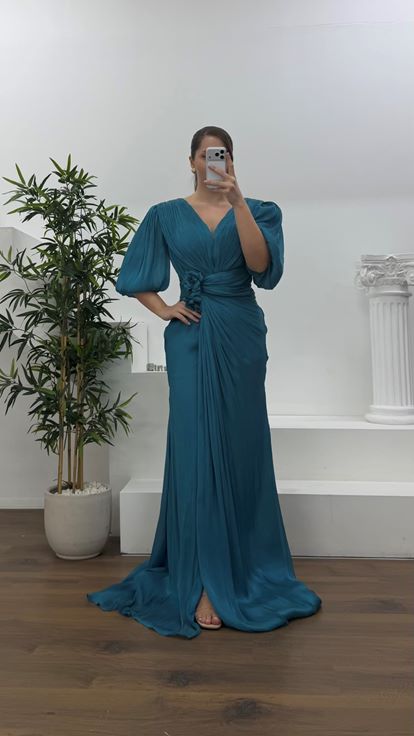 Petrol V Yaka Şifon Büyük Beden Abiye Elbise