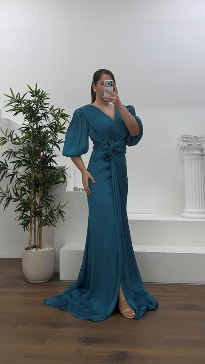 Petrol V Yaka Şifon Büyük Beden Abiye Elbise