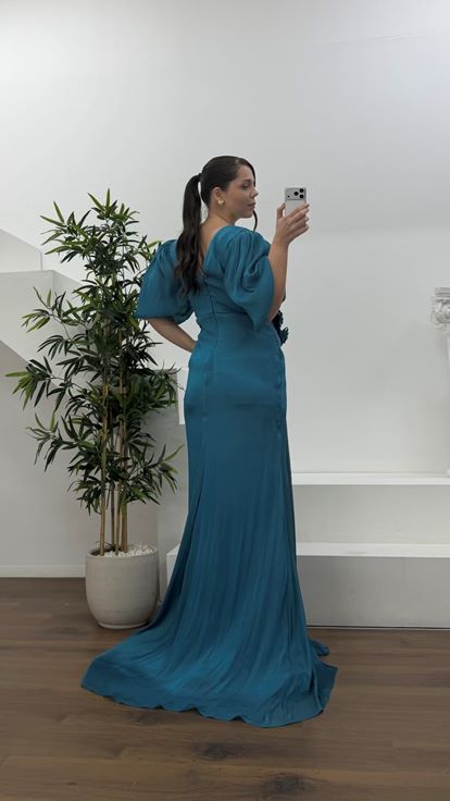 Petrol V Yaka Şifon Büyük Beden Abiye Elbise