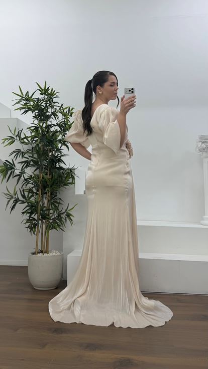 Bej V Yaka Şifon Büyük Beden Abiye Elbise