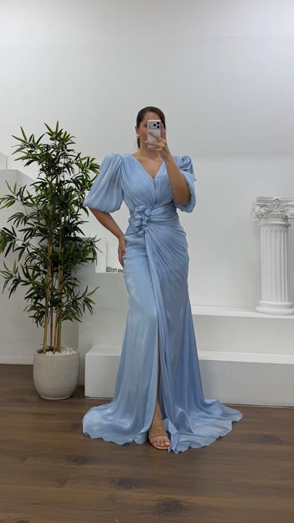 Bebe Mavisi V Yaka Şifon Büyük Beden Abiye Elbise