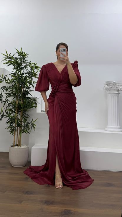 Bordo V Yaka Şifon Büyük Beden Abiye Elbise