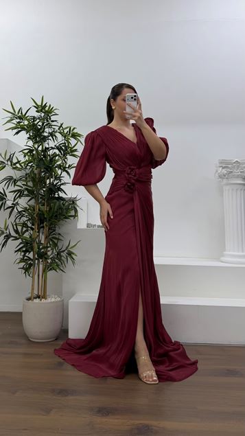 Bordo V Yaka Şifon Büyük Beden Abiye Elbise