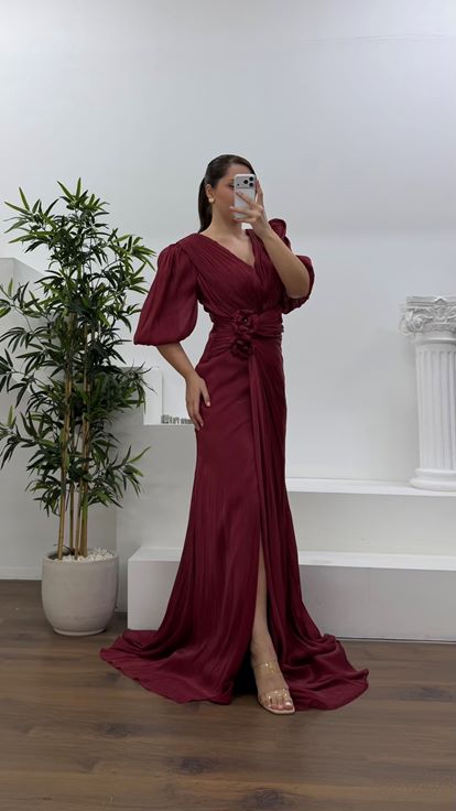 Bordo V Yaka Şifon Büyük Beden Abiye Elbise