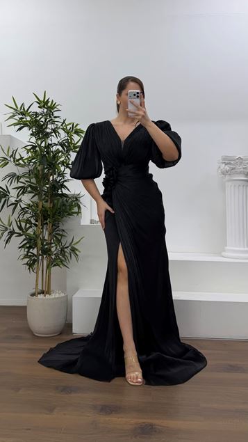 Siyah V Yaka Şifon Büyük Beden Abiye Elbise