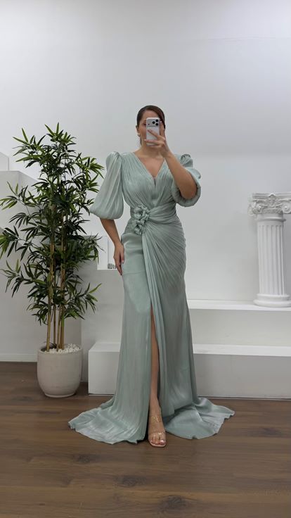 Mint V Yaka Şifon Büyük Beden Abiye Elbise