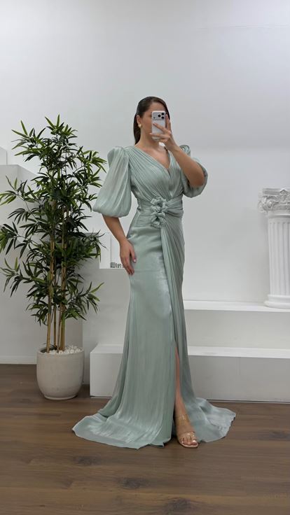 Mint V Yaka Şifon Büyük Beden Abiye Elbise