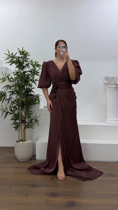 Kahverengi V Yaka Şifon Büyük Beden Abiye Elbise