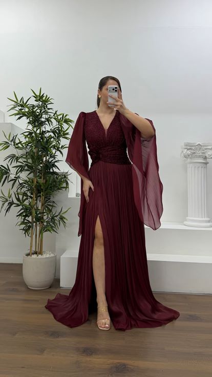 Bordo V Yaka Beli Çiçekli Büyük Beden Abiye Elbise