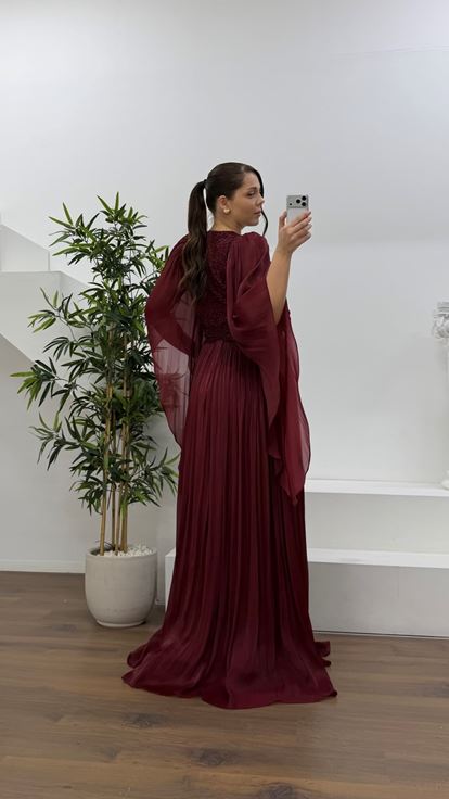 Bordo V Yaka Beli Çiçekli Büyük Beden Abiye Elbise