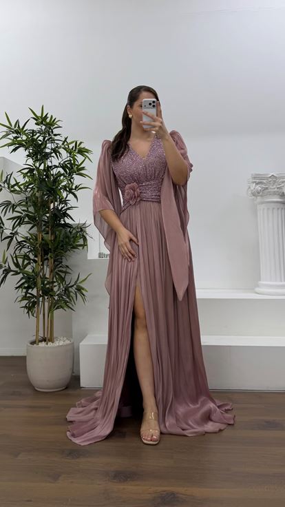 Gül Kurusu V Yaka Beli Çiçekli Büyük Beden Abiye Elbise