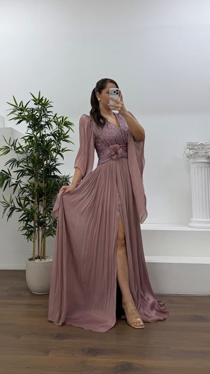 Gül Kurusu V Yaka Beli Çiçekli Büyük Beden Abiye Elbise