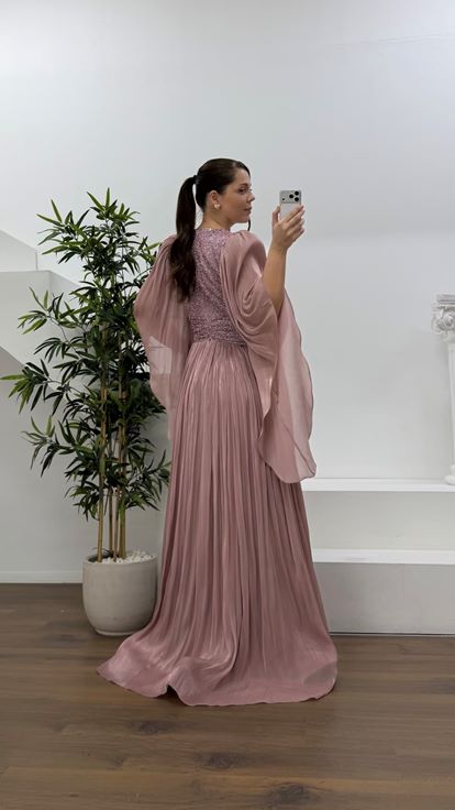 Gül Kurusu V Yaka Beli Çiçekli Büyük Beden Abiye Elbise