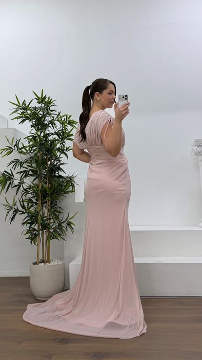 Pudra V Yaka Simli Kalın Askılı Büyük Beden Abiye Elbise