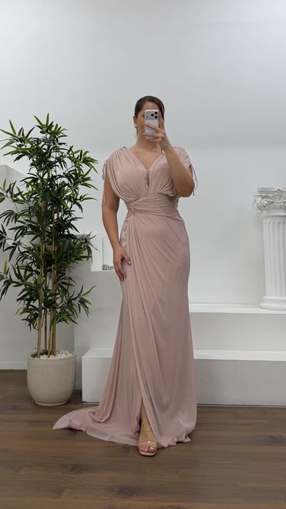 Pudra V Yaka Simli Kalın Askılı Büyük Beden Abiye Elbise