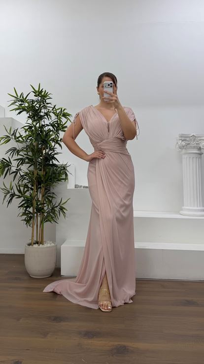 Pudra V Yaka Simli Kalın Askılı Büyük Beden Abiye Elbise