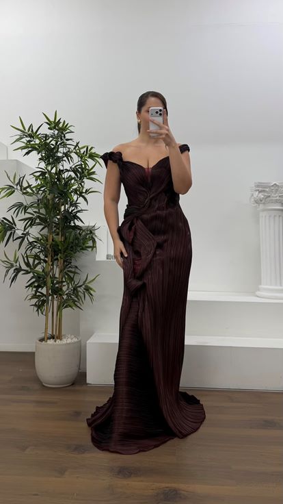 Bordo Volan Detay Büyük Beden Abiye Elbise