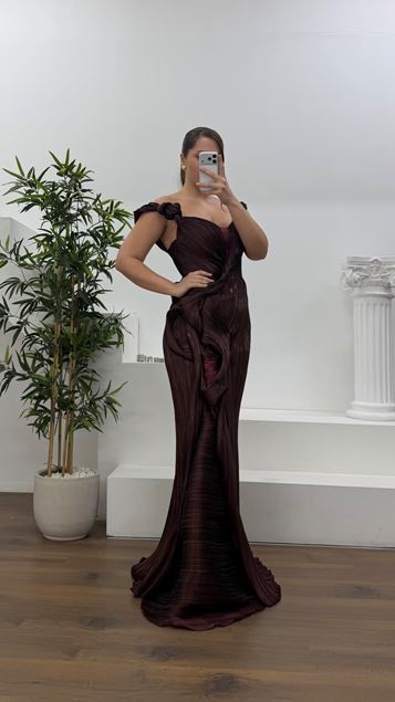 Bordo Volan Detay Büyük Beden Abiye Elbise