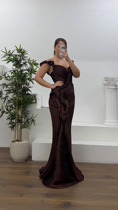 Bordo Volan Detay Büyük Beden Abiye Elbise