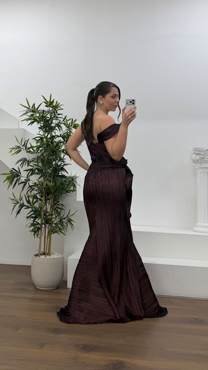 Bordo Volan Detay Büyük Beden Abiye Elbise