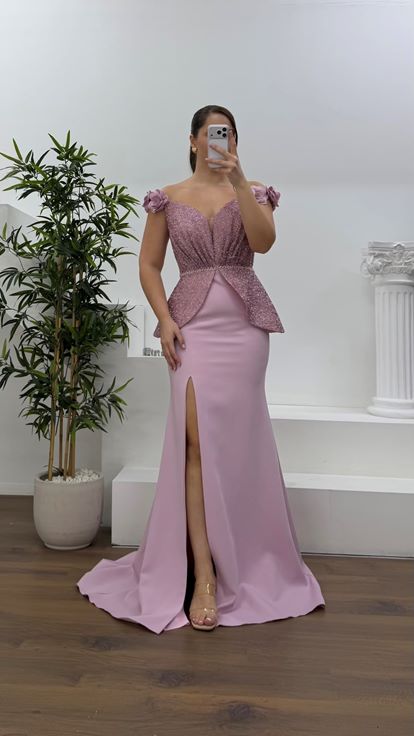 Pudra Çiçek Askılı Peplum Kesim Büyük Beden Abiye Elbise