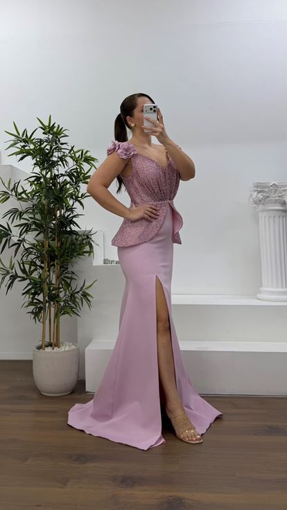 Pudra Çiçek Askılı Peplum Kesim Büyük Beden Abiye Elbise