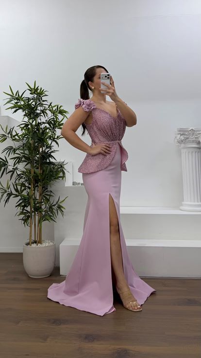 Pudra Çiçek Askılı Peplum Kesim Büyük Beden Abiye Elbise