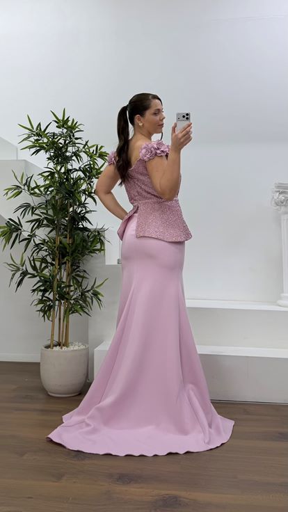 Pudra Çiçek Askılı Peplum Kesim Büyük Beden Abiye Elbise