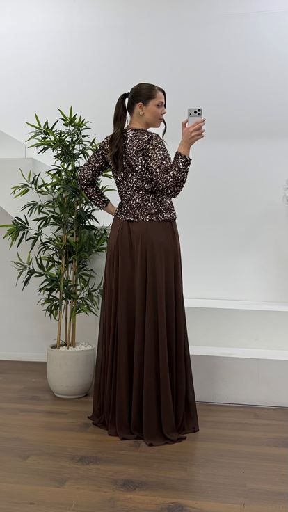 Kahve Pelum Detaylı Pul Payet Büyük Beden Tesettür Abiye Elbise