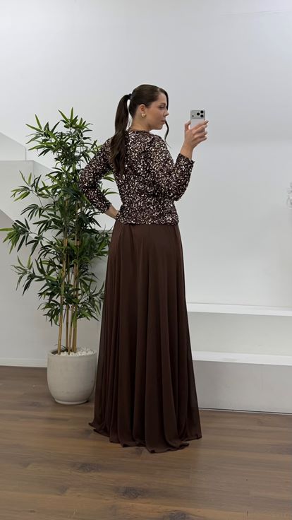 Kahve Pelum Detaylı Pul Payet Büyük Beden Tesettür Abiye Elbise